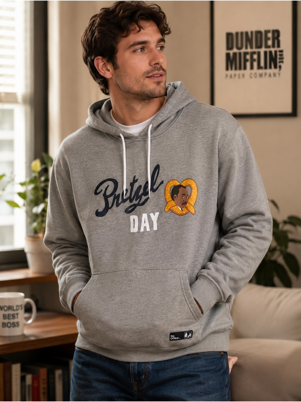 The Office Pretzel Day Stanley Hudson Hoodie Gray Pullover 2XL Comedy TV Classic